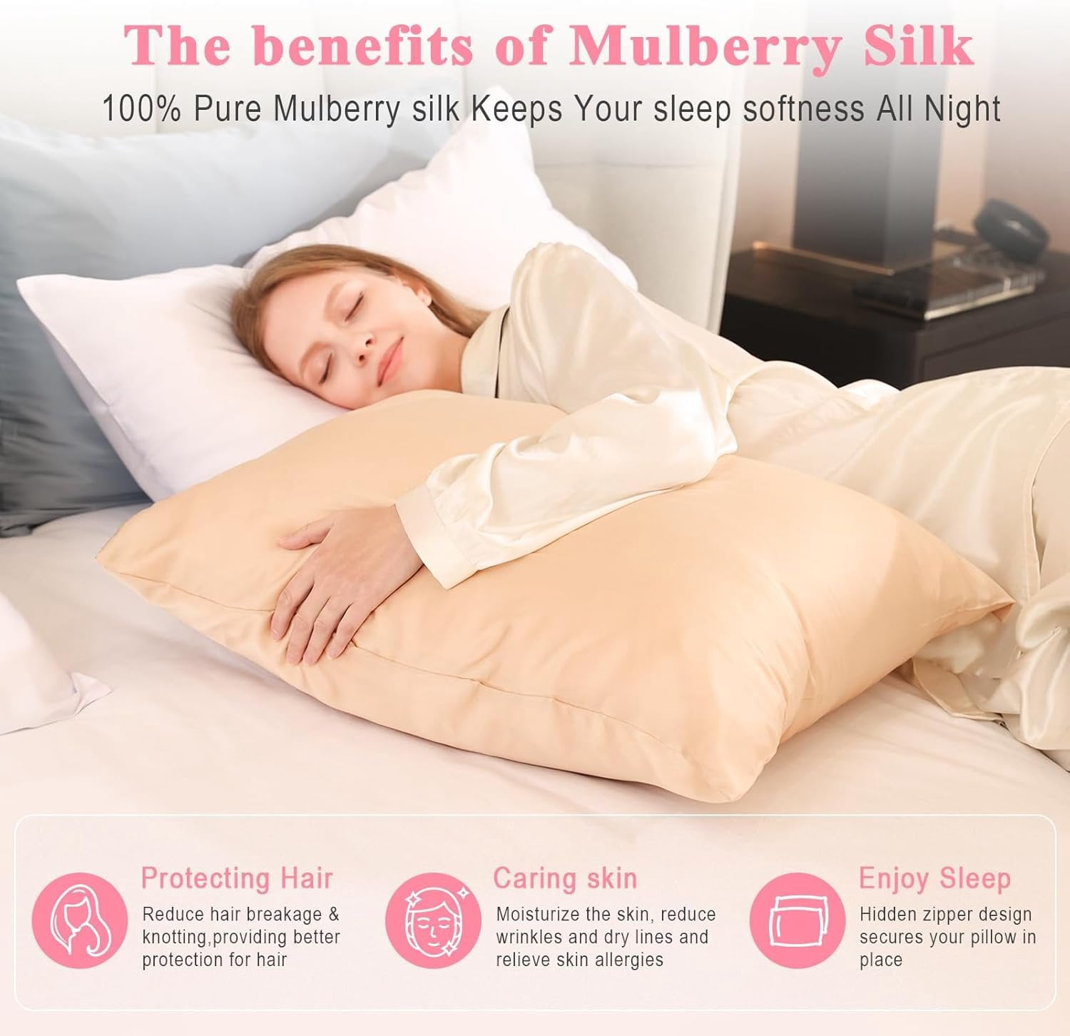 Pure Silk Pillowcase 2 Pack for Hair and , Both Sides 23 Momme Grade 6A+ Mulberry Silk Pillowcases with  Zipper, Soft&Smooth Cooling Pillow Cases (Champagne, Standard 20x26)