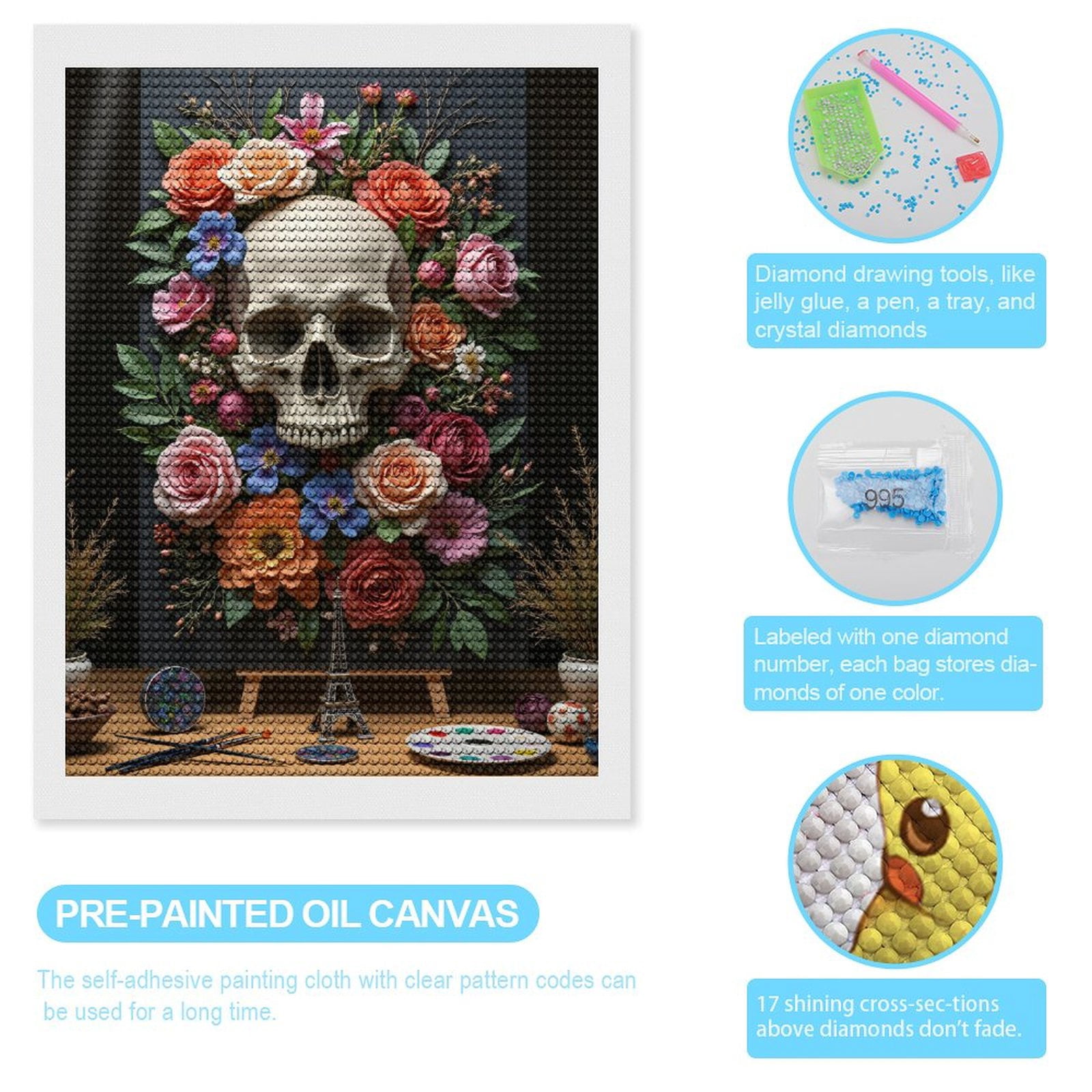 Diamond Art Kits for Adults, Floral Skull Art With Painting Tools 5D Diamond Painting Kits for Adults Beginners, DIY Full Drill Diamond Painting, Gem Art and Crafts 12x16