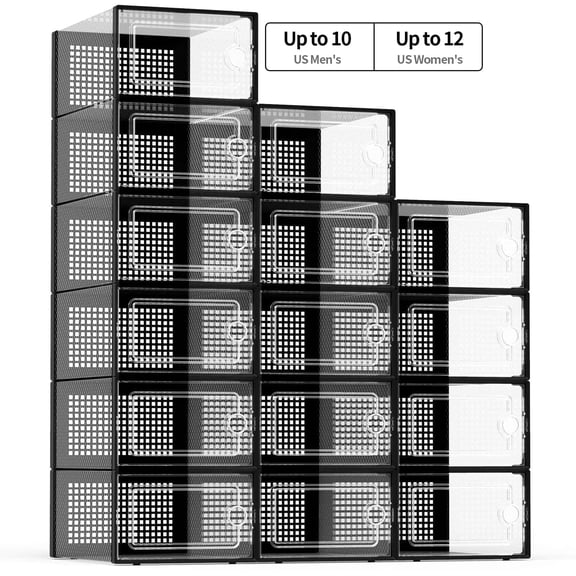 JakMean 15 Pack XX-Large Shoe Boxes, Stackable Shoe Storage Boxes, Fit up to US Size 12 Waterproof Shoe Organizers Boxes