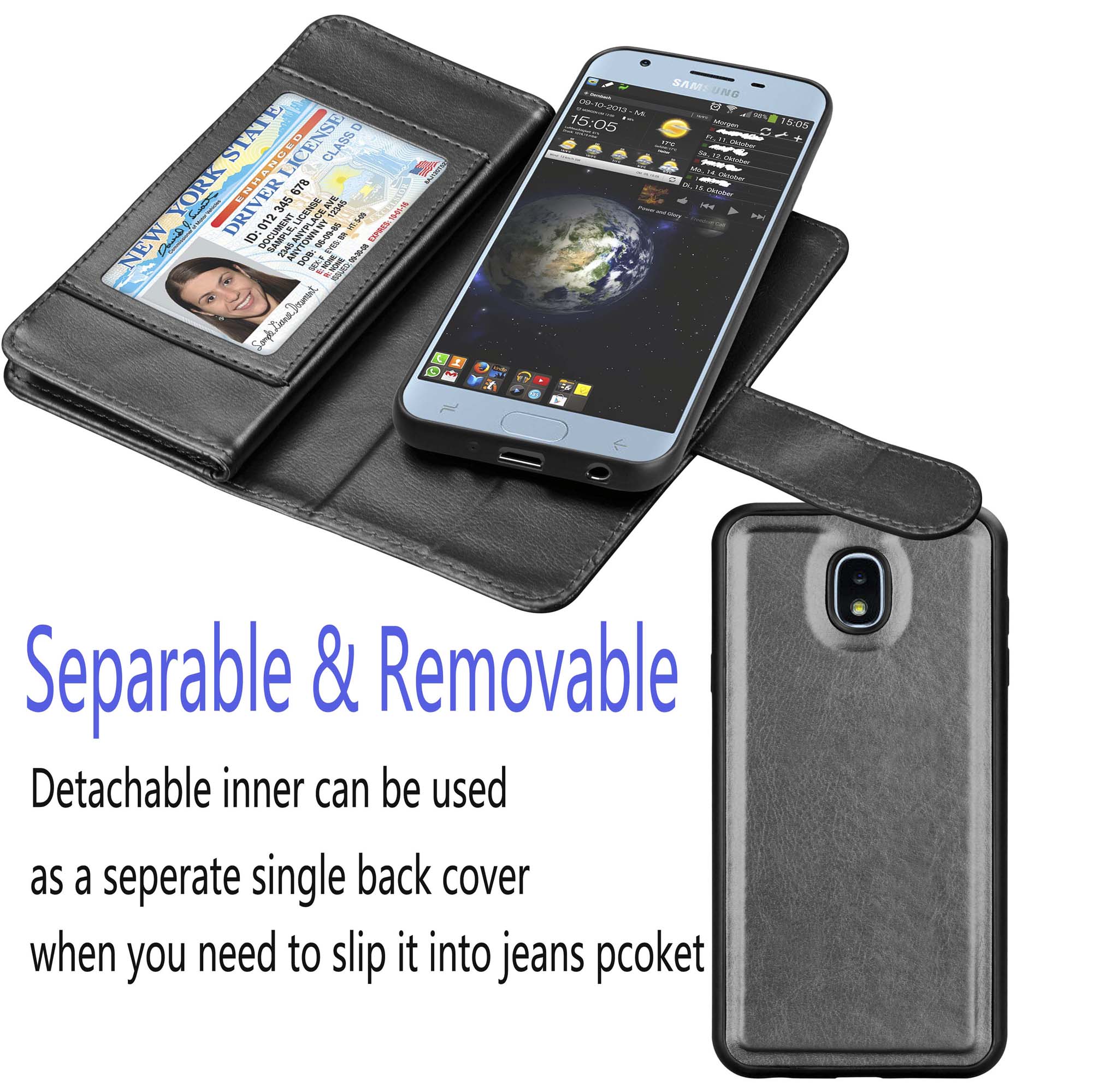 Njjex Wallet Case For 5.5" Samsung Galaxy J7 2018 / J7 V 2nd Gen / J7 Refine / J7 Aero / J7 Eon / J7 Top / J7 Crown / J7 Aura, Wallet Case PU Leather Flip Cover Wrist Strap & Kickstand Black - image 4 of 5