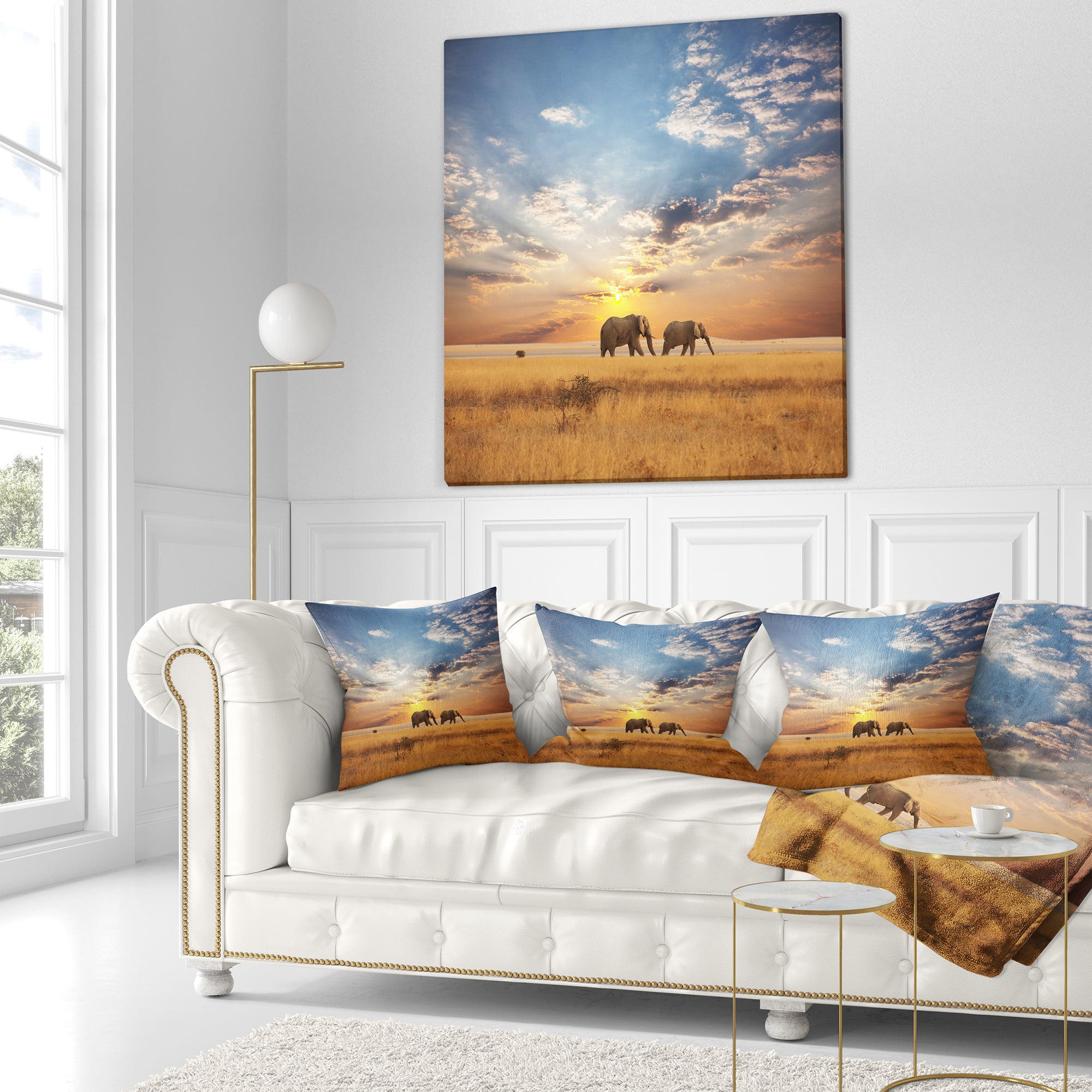 Designart Elephants Walking Along River Bank - Animal Throw Pillow - 16x16