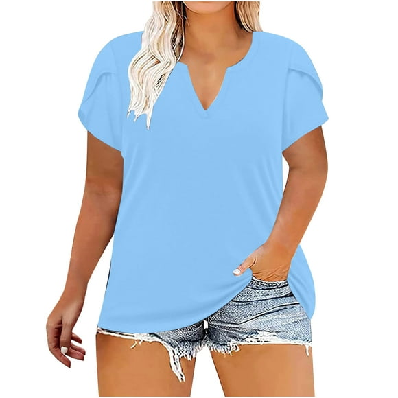 Pisexur Womens Plus Size Tops Summer Plain V Neck T Shirts Casual Loose Petal Sleeve Tee Shirts Oversized T Shirts Pullover, XL-5XL