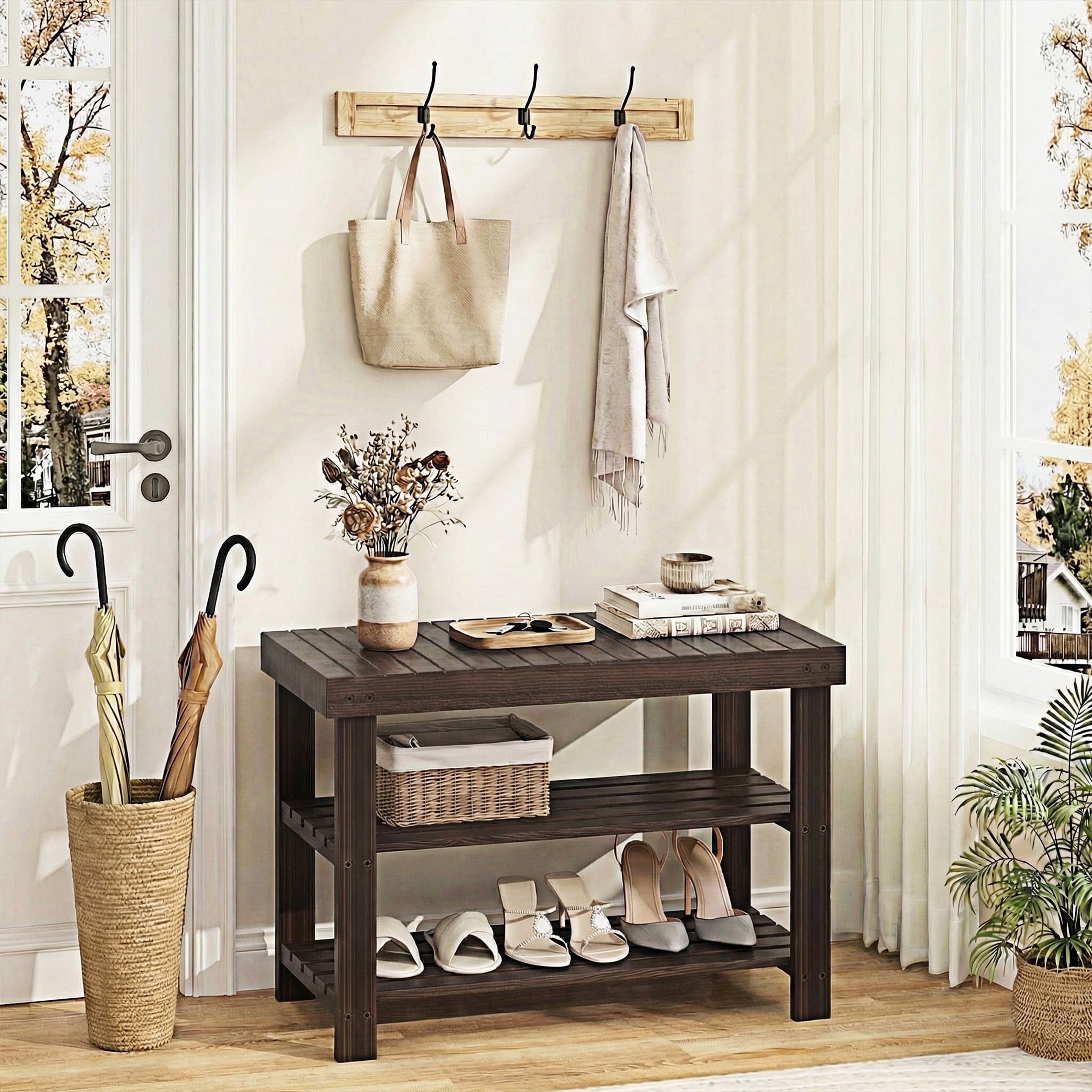 EDX 3 Tier Bamboo Shoe Rack Bench, 11.3'' x 27.6'' x 18'' Storage Seat Organizer with 286lb Capacity for Entryway,  Bedroom and Living Room,  Brown