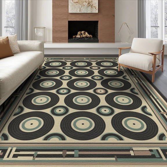 ODIKA 8'x10' Washable Area Rug Vintage Vinyl Music Retro Dj Turntable Border Player Cassette Record Flowing for Dining Room, Large Office, Lounge, Non-Slip Chair-Friendly Mat