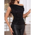 thumbnail image 6 of Women's Off Shoulder Sequin Top – Short Sleeve Slim Fit Ruffled Blouse, Shiny Party Clubwear, 6 of 6