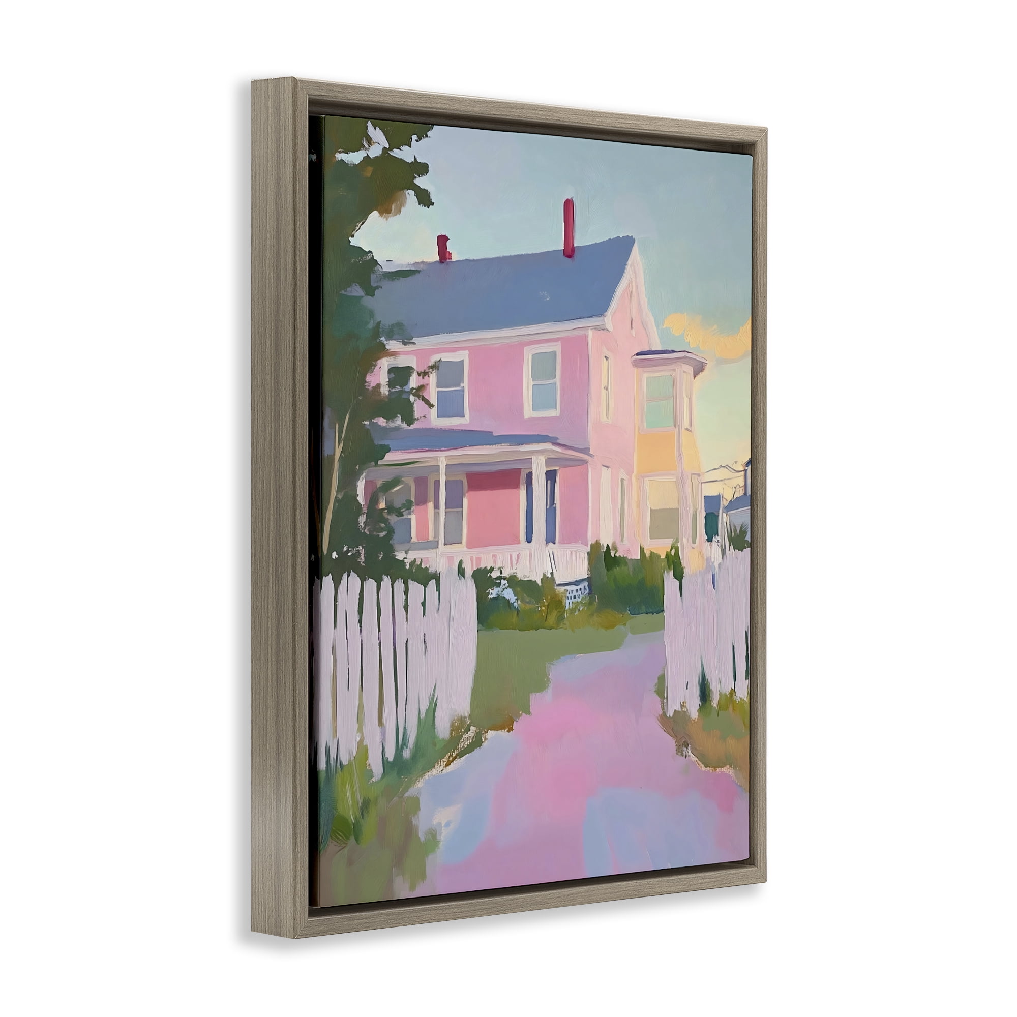 Stupell Industries Pastel Pink House with Fence Brown Framed Floater Canvas Wall Art, design by The Prints Vibe