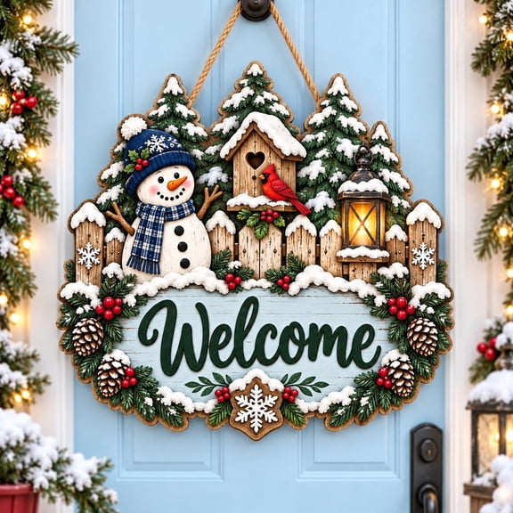 Snowman Cardinal Winter Welcome Wooden Door Sign for Christmas Entryway