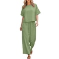 thumbnail image 4 of Kelon Cotton Linen Two Piece Sets for Women Summer Spring Travel Vacation Outfits Short Sleeve Lounge Sets Wide Leg Pants, S, 4 of 5