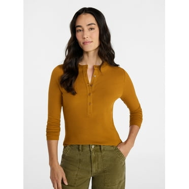 Time and Tru Women's Ribbed Henley with Long Sleeves, Sizes XS-XXXL