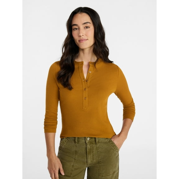 Time and Tru Women's Ribbed Henley with Long Sleeves, Sizes XS-XXXL