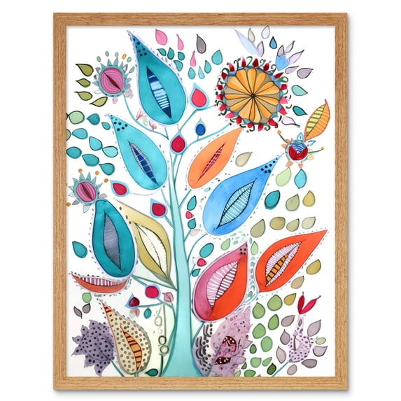 Embroidery Style Flowers Folk Art Watercolour Painting Art Print Framed Poster Wall Decor 12x16 inch