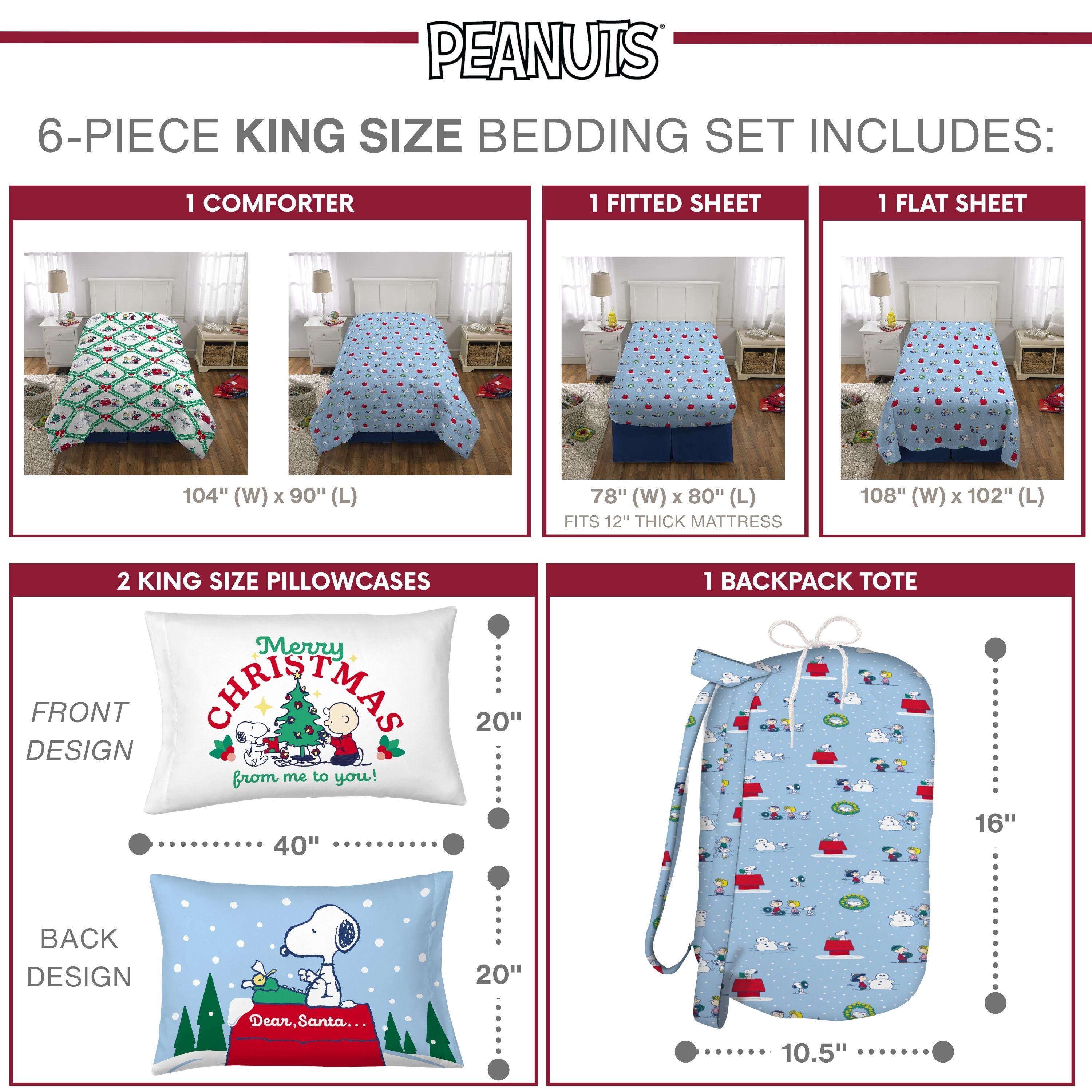 Peanuts Snoopy Holiday Kids 6 Piece Reversible Comforter, Pillowcase, Sheet Set, and Backpack, King
