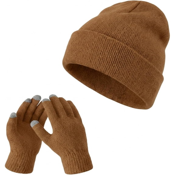 Beanie and Touchscreen Gloves Set for Women Men Unisex Winter Knitted Hat Skull Cap Warm Gloves with Knit Fleece Lined