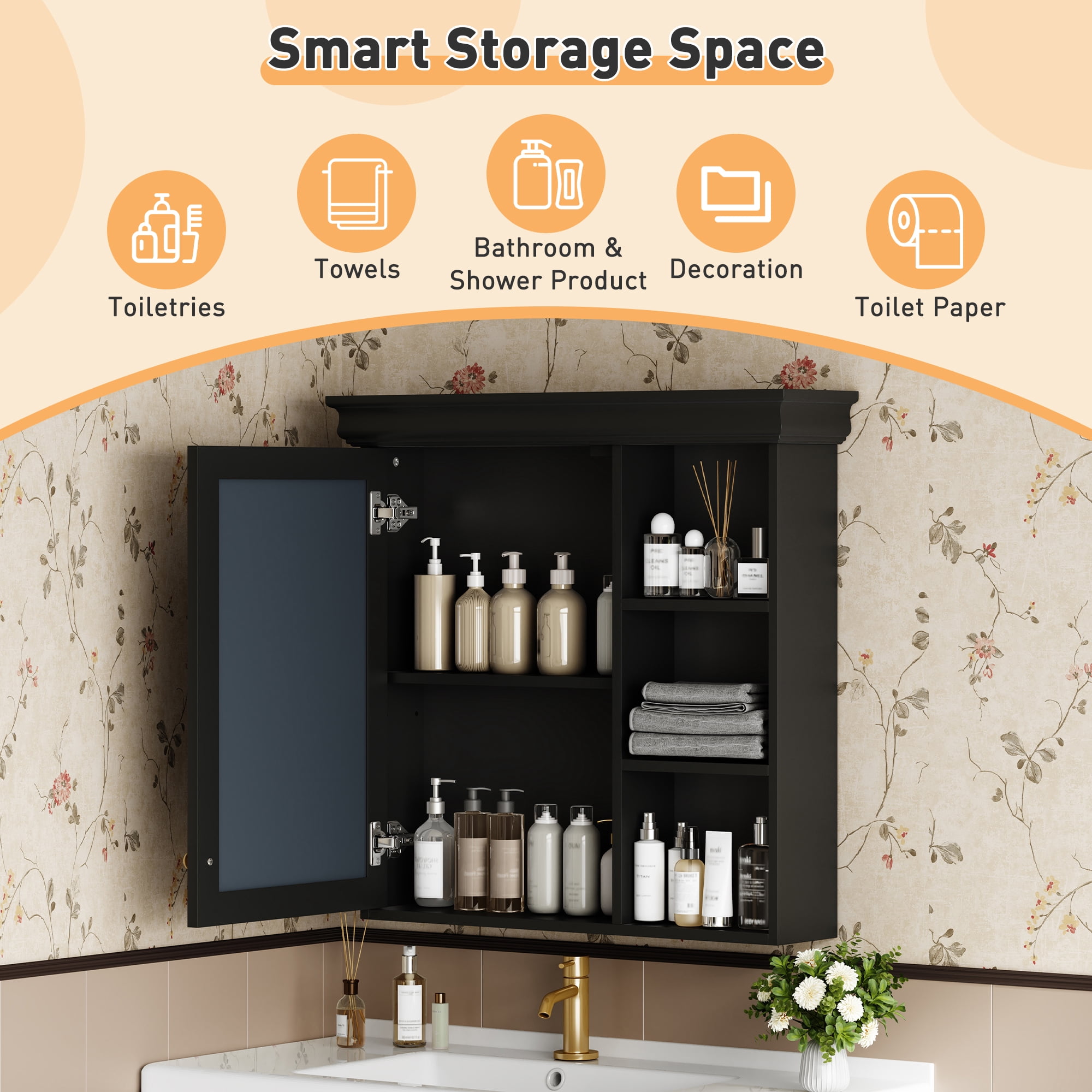 MAYEERTY 30'' x 28'' Black Bathroom Medicine Cabinet with Mirror, Wall Mounted Storage Organizer – Over Toilet Cabinet