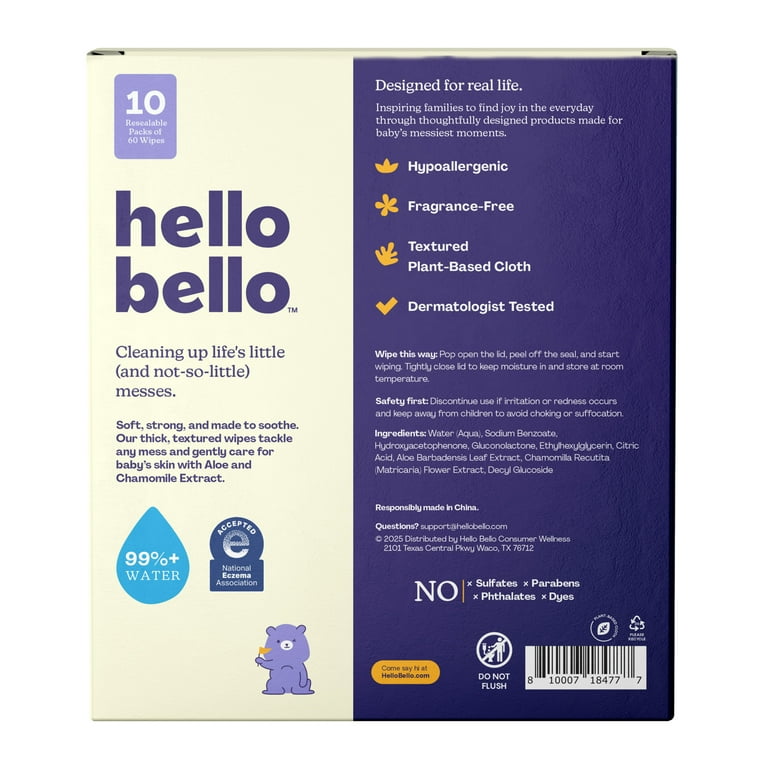 Hello Bello Baby Wipes, 600 Unscented Plant-Based Wipes, 10 Pouch Box (Choose Your Count)