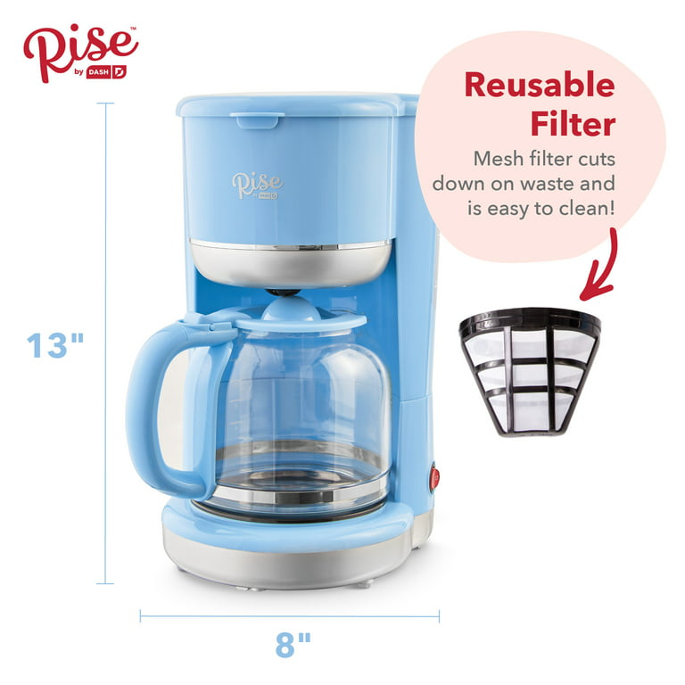Rise By Dash Drip Coffee Maker, Reusable Mesh Filter Basket, Glass Carafe,  10 Cups - Blue 