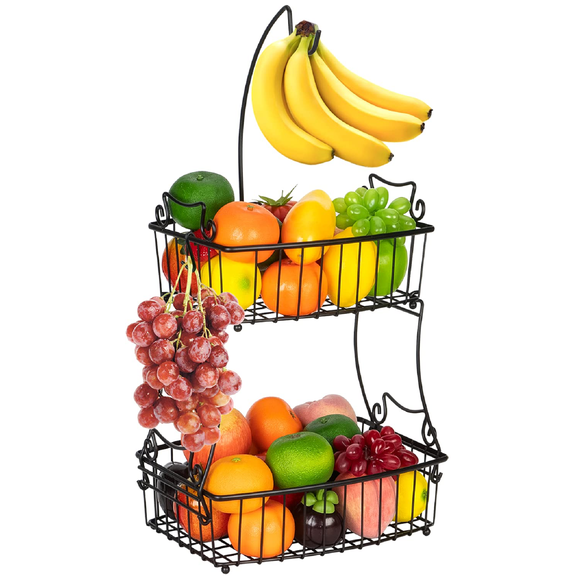 Fuleadture 2 Layer Fruit Holder with Banana Holders in Kitchen for countertop,Black
