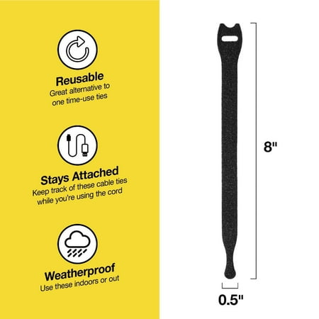 Wrap-It Storage Self-Gripping Cable Ties Roll - 8-inch (25-Pack) Black - Reusable Hook and Loop Ties - Black