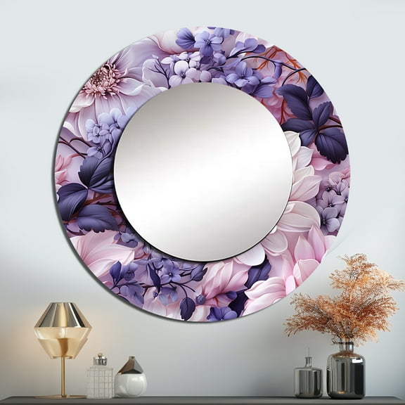 Designart "Ethereal Floral Elegance I" Floral Rund Mirror For Wall Decor - Large Purple Round Printed Mirror -Cottage Round Living Room Mirror - 23" x 23"
