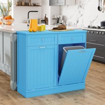 Tilt Out Trash Cabinet 10 Gallon Wooden Free Standing Laundry Sorter Cabinet,Recycling Cabinet with Hideaway Drawer,Tilt Out Trash Cabinet Can Bin Kitchen (Double Light Blue, Double Door)