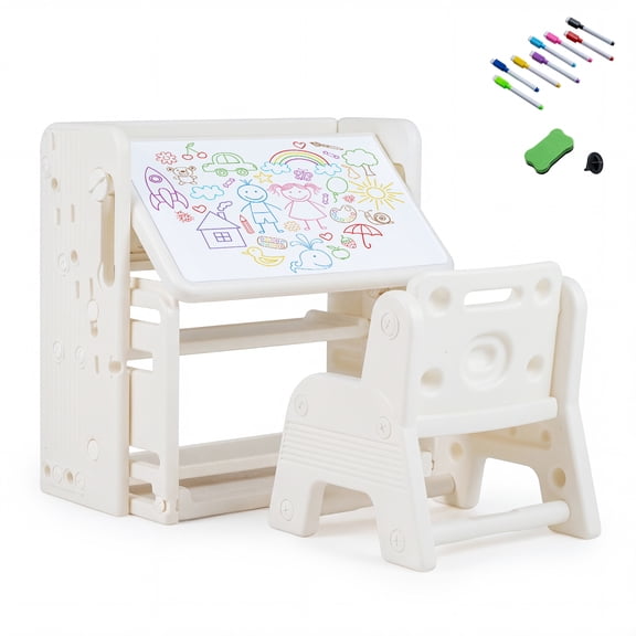 Costway Kids Desk & Chair Set Children Writing Desk with Side Bookshelves & Storage Baskets
