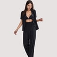 thumbnail image 2 of Women's 3-Piece Pajama Set with Bralette Top, Button Down Shirt, and Wide Leg Pants - Large, Black, 2 of 7