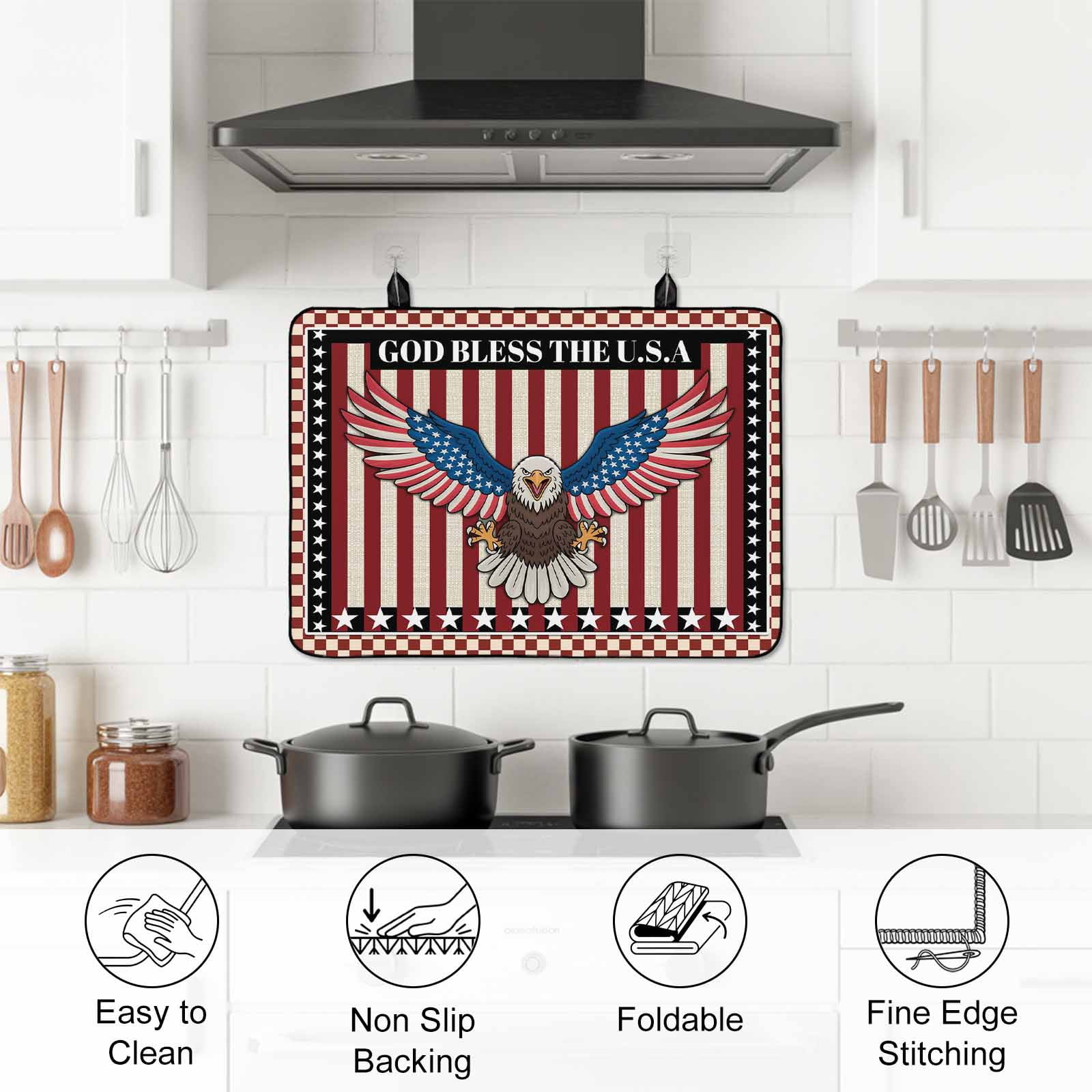Independence Day Stove Top Cover for Electric Stove, Heat-proof & Non Slip Glass Top Stove Cover Protector, Eagle U.S Flag Red Blue Stripes Retro Kitchen Flat Cooktop Rubber Mat 24x21 Inches