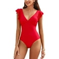 thumbnail image 1 of Charmo Womens V Neck Ruffled Monokini Swimsuit Ruched One Piece Swimwear Tummy Control Bath Suit, 1 of 6