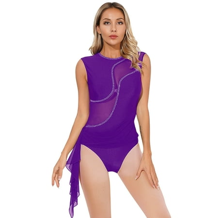 YEAHDOR Womens Lyrical Modern Dance Leotard Shiny Rhinestones Backless Rhythmic Gymnastics Leotard Purple M