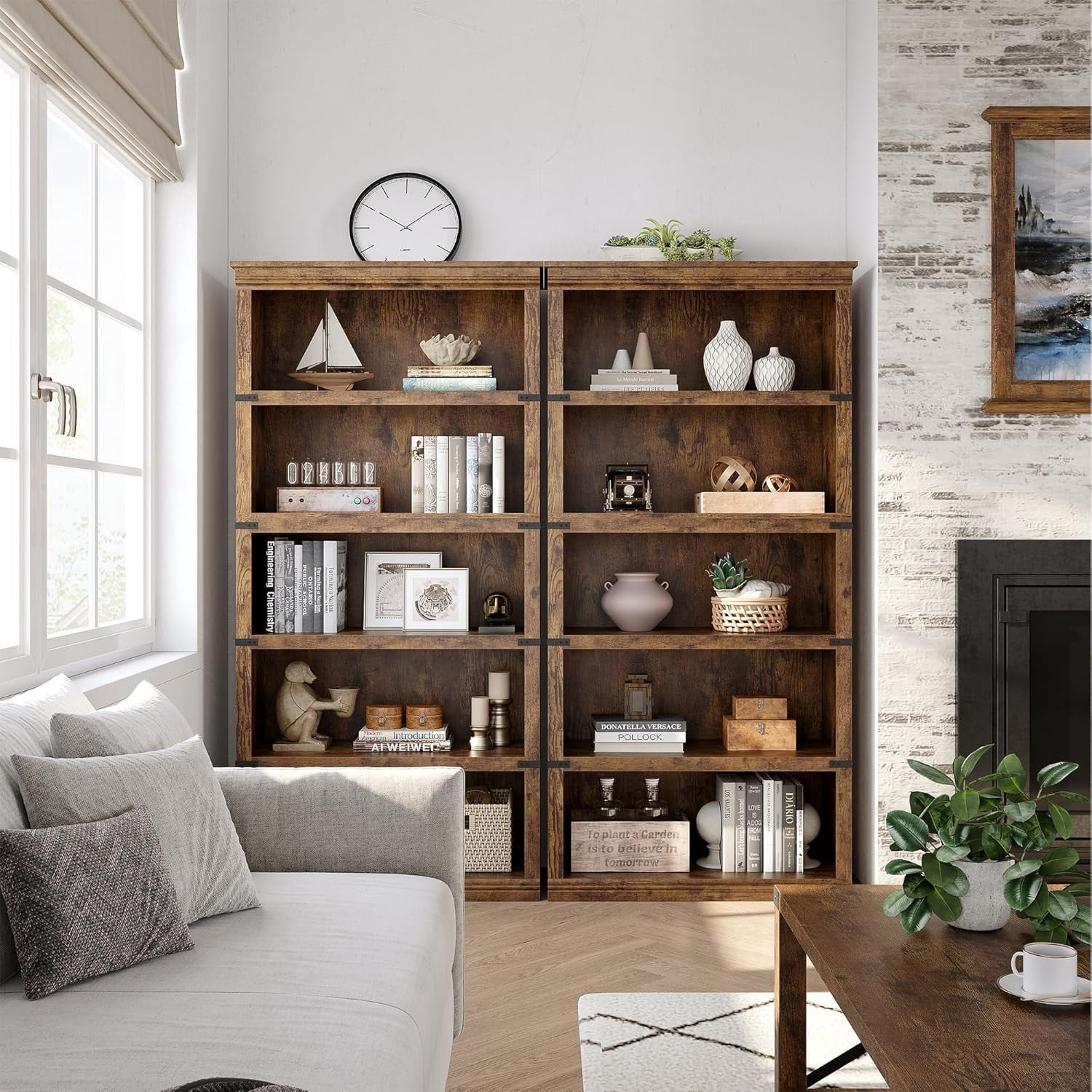 67.4" Tall 5-Tier Farmhouse Bookcase – Wooden Bookshelf with Open Display Shelves and Storage, Freestanding Home Office, Living Room, Bedroom Furniture, Brown