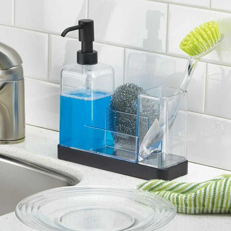 Kitchen Soap Dispenser with Sponge Holder Set for Sink Caddy, Hand Soap and  Dish Soap Dispenser with Brush Matte White