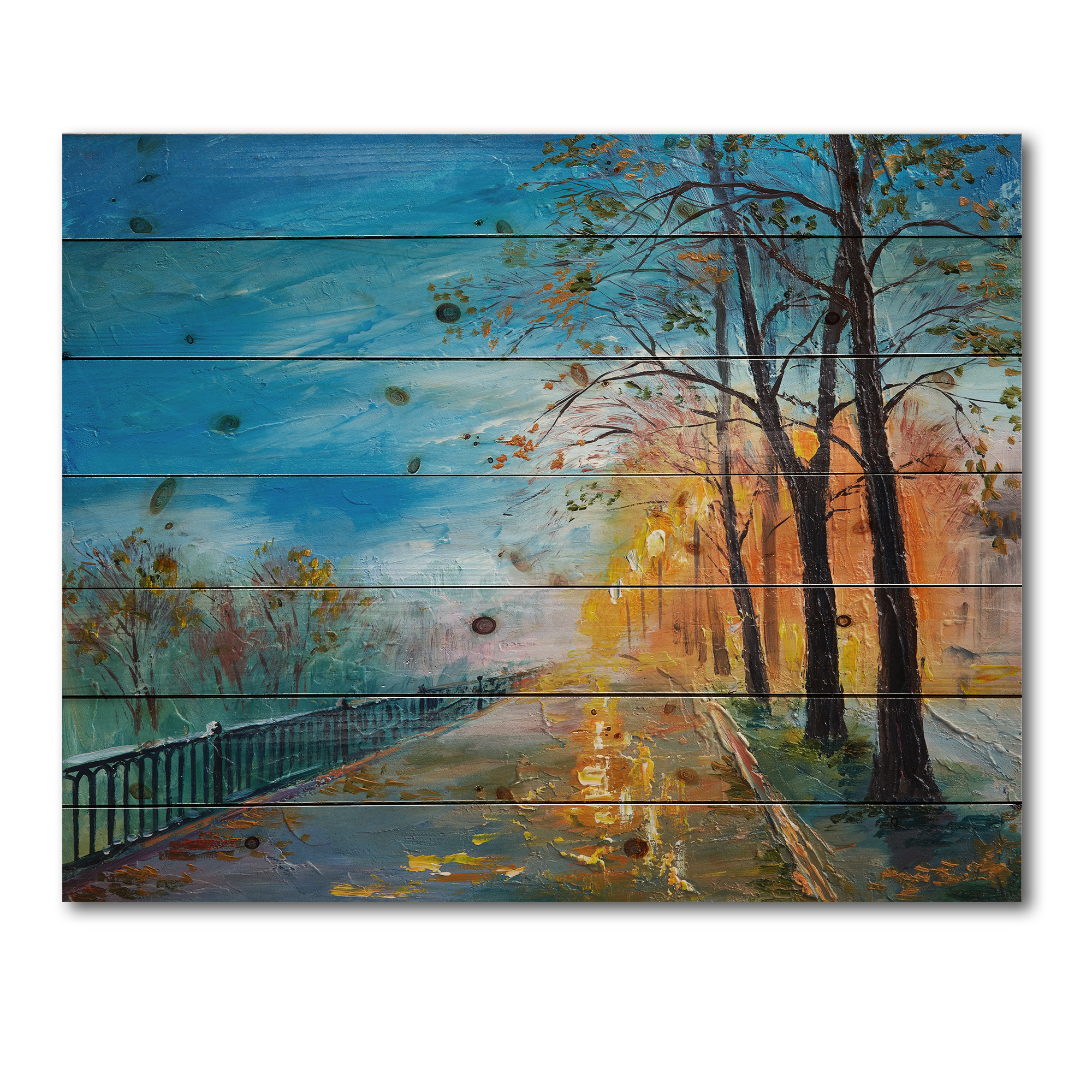 Designart 'Autumn Road in Evening' Traditional Print on Natural Pine Wood