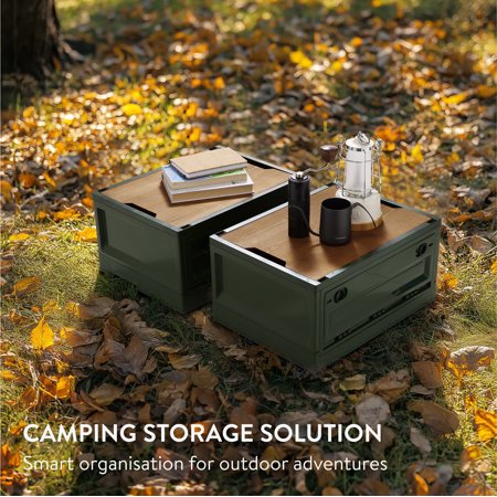 Navaris Camping Storage Box, Green, Set of 2 - 35L Foldable Bin with Pine Wood Lid - Collapsible Folding Crate - Easy to Disassemble Plastic Storage Crates - Stackable with Wheels