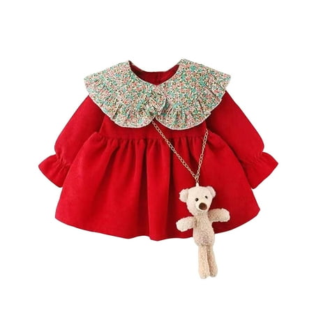 

EHTMSAK Newborn Infant Baby Long Sleeve Sundress for Girl Fall Winter Dresses with Bag Dress Wine 0-24M 110/12