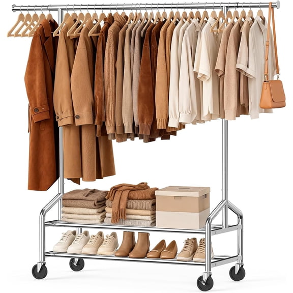 Heavy Duty Clothes Rack Rolling Clothing Rack Load 650 LBS for Hanging Clothes with 2 Sturdy Shelves Metal Garment Rack with Wheels for Bedroom Laundry Room Retail Store Silver