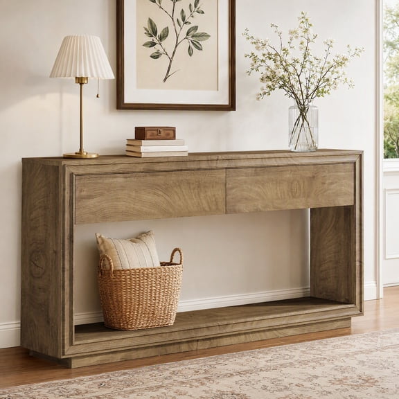 Fnova 63" Console Table with 2 Drawers, Farmhouse 2-Tier Sofa Console for Entryway, Hallway, Foyer, Brown