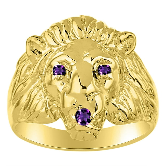 RYLOS Gold Plated Silver Lion Head Ring Color Stone Birthstones Eyes and Mouth Fun Designer Rings Amethyst Jewelry Size 11