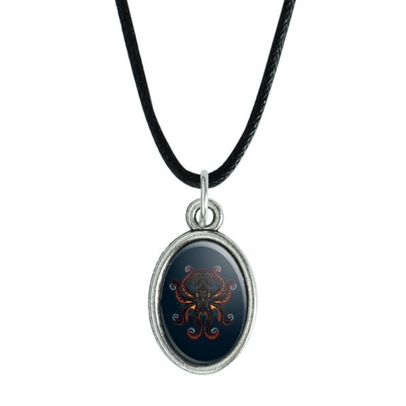 Black Octopus in the Abyss Antiqued Oval Charm Pendant with Black Satin Cord