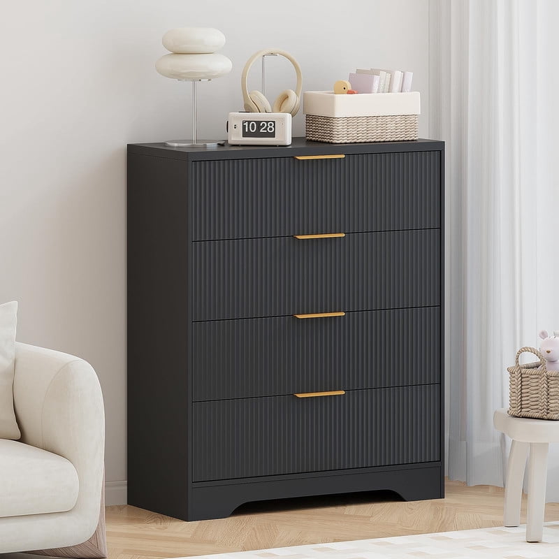 TROPOW 4 Drawers Dresser for Bedroom, Fluted Dresser Chest of Drawers with Handle, Wood Modern Dressers for Closet, Bedroom Furniture Storage Organizer for Living Room, Hallway