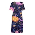 thumbnail image 6 of Women's Round Neck Halloween Patchwork Print Dress with Pockets Short Sleeve Loose Midi Dress Casual Fall Outfit for Daily Wear Purple S, 6 of 6