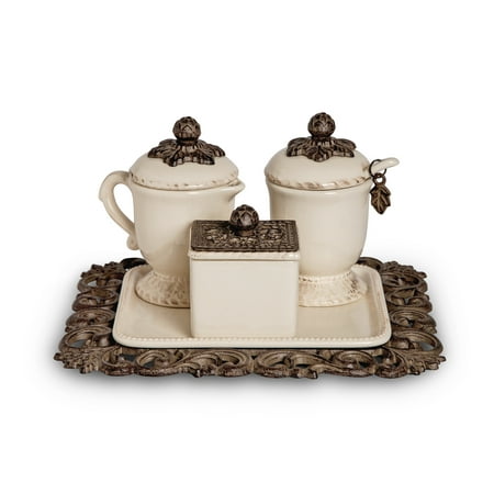 

Gerson Acanthus Leaf Sugar And Creamer Set with Sweetener Box on Tea Tray (Set of 4)
