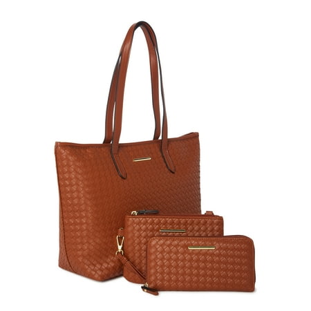 Time and Tru Women's 3-Piece Handbag Set Woven Cognac