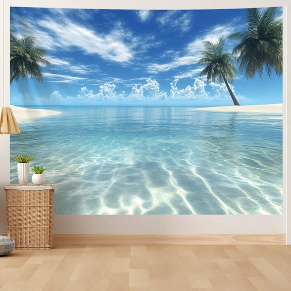 Ocean Tapestry, Beach Evening Sunset Tapestry, Natural Beach Palm Tree Landscape Tapestries Poster, Seaside Landscape Wall Hanging for Bedroom, Dorm Room and Living Room Wall Decor 79" L x 59" W