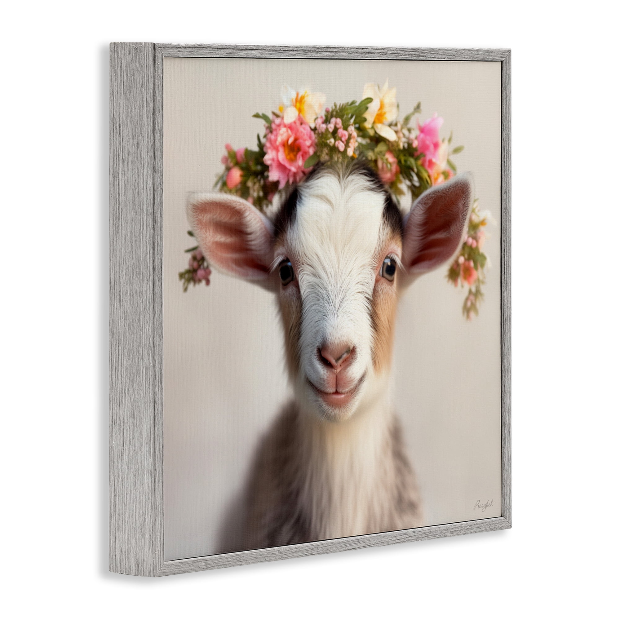 Stupell Industries Flower Crowned Goat Gray Framed Giclee Art, design by Roozbeh