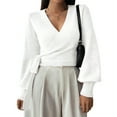 thumbnail image 2 of Women'S Casual V Neck Wrap Sweater Pullover Long Sleeve Slim Fit Knit Crop Top Sweater White M, 2 of 9
