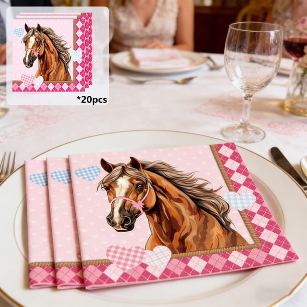 Hogar y cocina, Decoración del hogar, Productos festivos, Servilletas temáticas del Año de los Caballos, Servilletas de carreras de caballos a cuadros en tinta rosa, Servilletas decorativas para fies