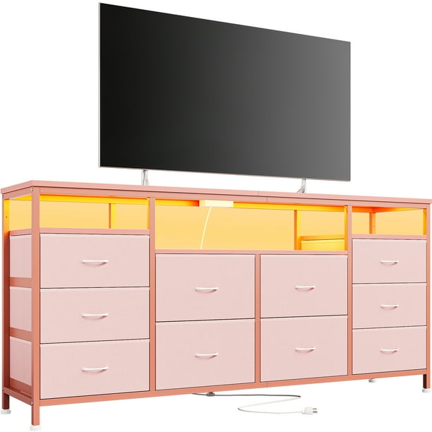 Cómoda Moderna de 10 Cajones para Entrada o Salón, Consola Recibidor con LED, Tomas de Corriente, Gran Capacidad y Soporte para TV 65-75 Pulgadas – Color rosa
