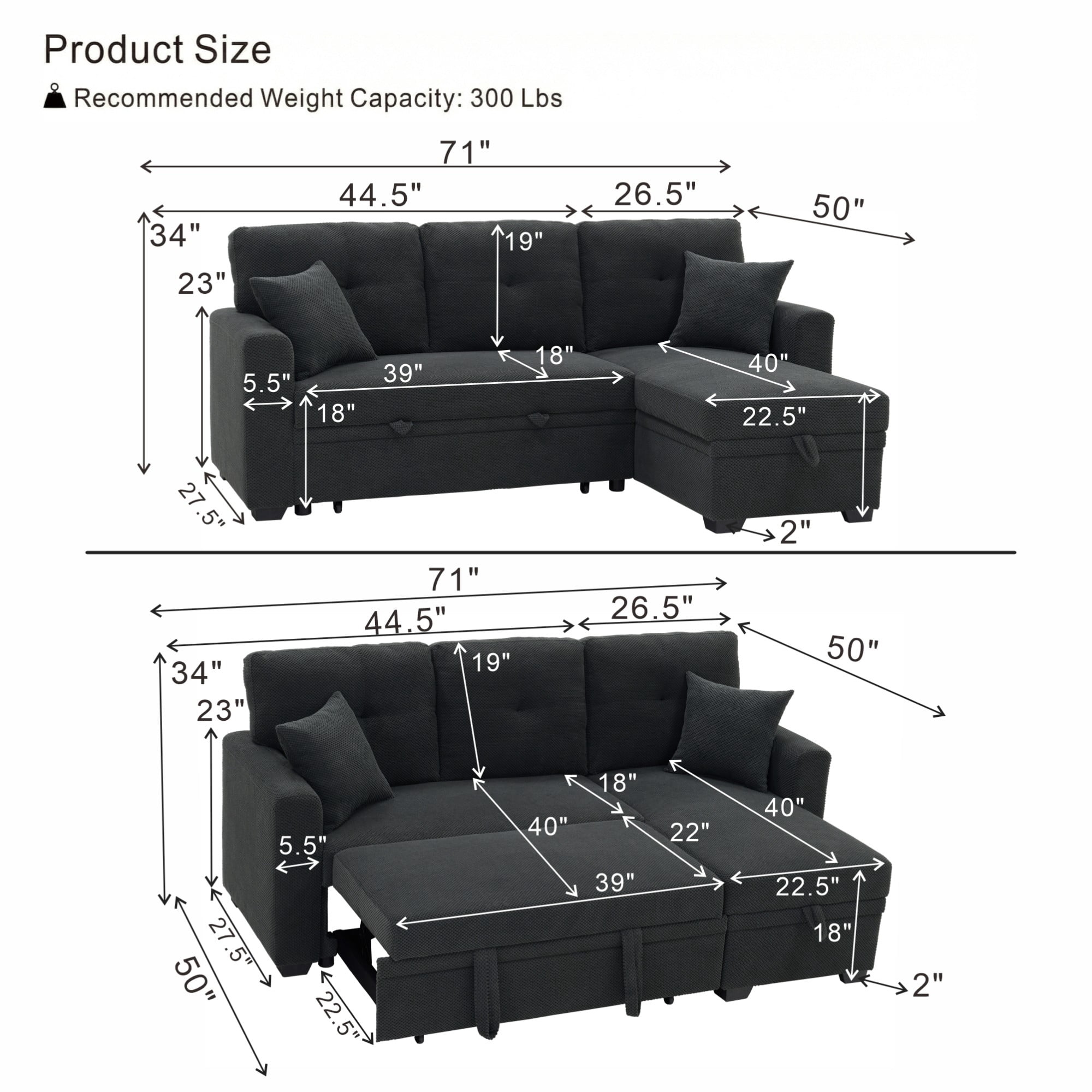 BSHTI 71"Foil Fabric L-Shaped Pull-Out Sleeper Sofa Bed with Reversible Chaise, Hidden Storage for Living Room（Dark Gray）