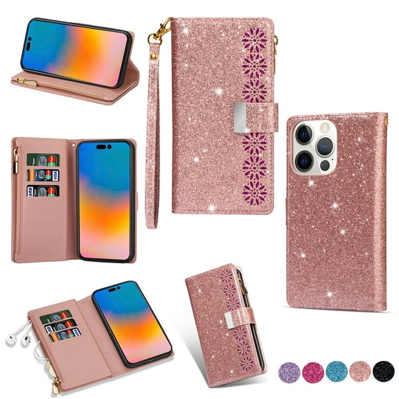 Wallet Case for iPhone 14 Pro 5G, Glitter Bling Flip Folio Leather Protective Magnetic Stand Zipper Purse Phone Cover with Card Slot Holder Wrist Strap for Women, Rosegold