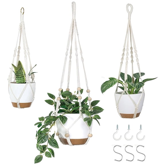 3 Pack Macrame Plant Hanger, Decorative Boho Hanging Plant Holder with Beads & 6 Hooks, Hanging Pot Holder for Indoor Outdoor, 34"/26"/20", White (POTS NOT Included)